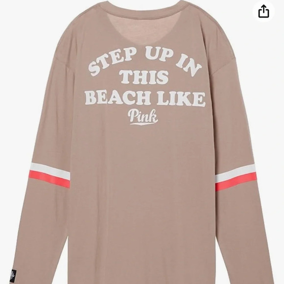 Victoria's Secret Pink beach tan Henley Campus Tee Oversized Long Sleeve top L - Picture 2 of 8